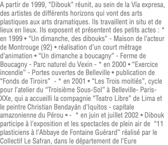 A partir de 1999, “Dibouk” réunit, au sein de la Vía expresa, des artistes de différents horizons qui vont des arts plastiques aux arts dramatiques. Ils travaillent in situ et de lieux en lieux. Ils exposent et présentent des petits actes : * en 1999 • “Un dimanche, des dibouks” - Maison de l’acteur de Montrouge (92) • réalisation d’un court métrage d’animation • “Un dimanche a boucagny” - Ferme de Boucagny - Parc naturel du Vexin - * en 2000 • “Exercice incendie” - Portes ouvertes de Belleville • publication de “Fonds de Tiroirs” - * en 2001 • “Les Trois moitiés”, cycle pour l’atelier du “Troisième Sous-Sol” à Belleville- Paris-XXe, qui a accueilli la compagnie “Teatro Libre” de Lima et le peintre Christian Bendayán d’Iquitos - capitale amazonienne du Pérou • - * en juin et juillet 2002 • Dibouk participe à l’exposition et les spectacles de plein air de “11 plasticiens à l’Abbaye de Fontaine Guérard” réalisé par le Collectif Le Safran, dans le département de l’Eure